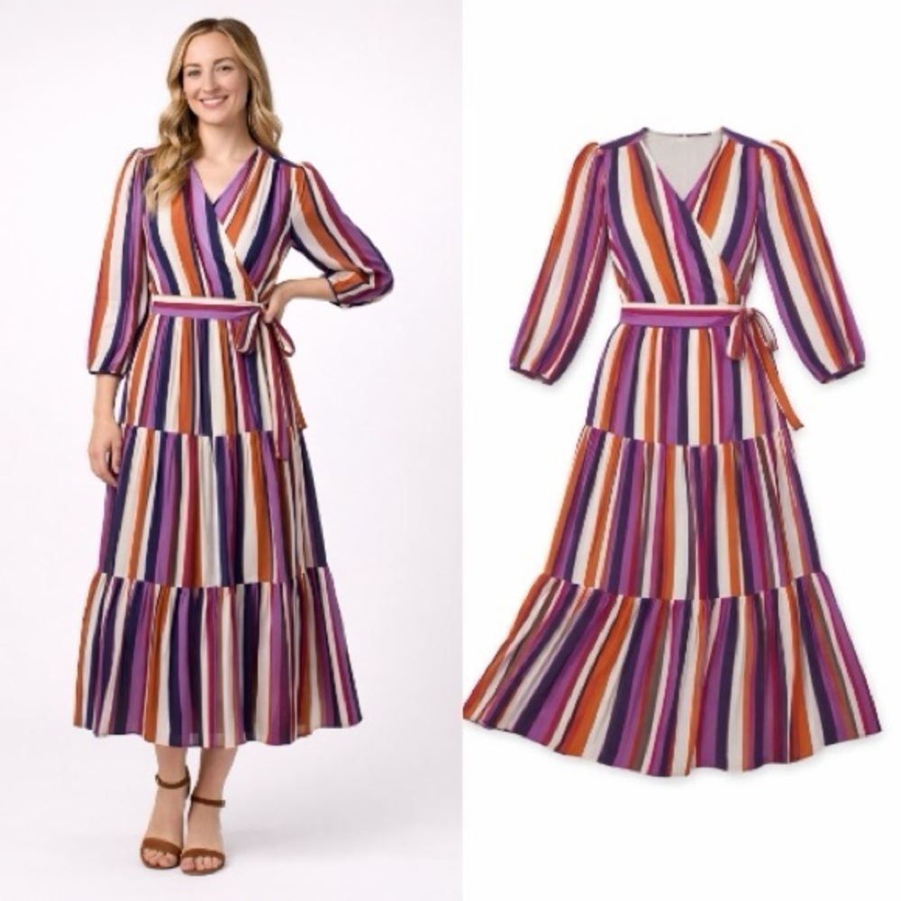 Xirena Tilda Stripe Wrap Midi Dress Multicolor Tiered Boho Medium NWT